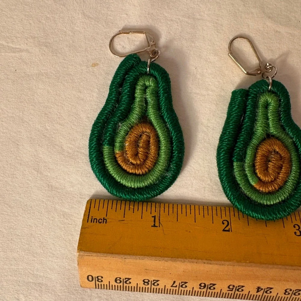 Handmade Embroidered Avocado‎ Drop Earrings Fun Novelty Fruit Dangle Drop